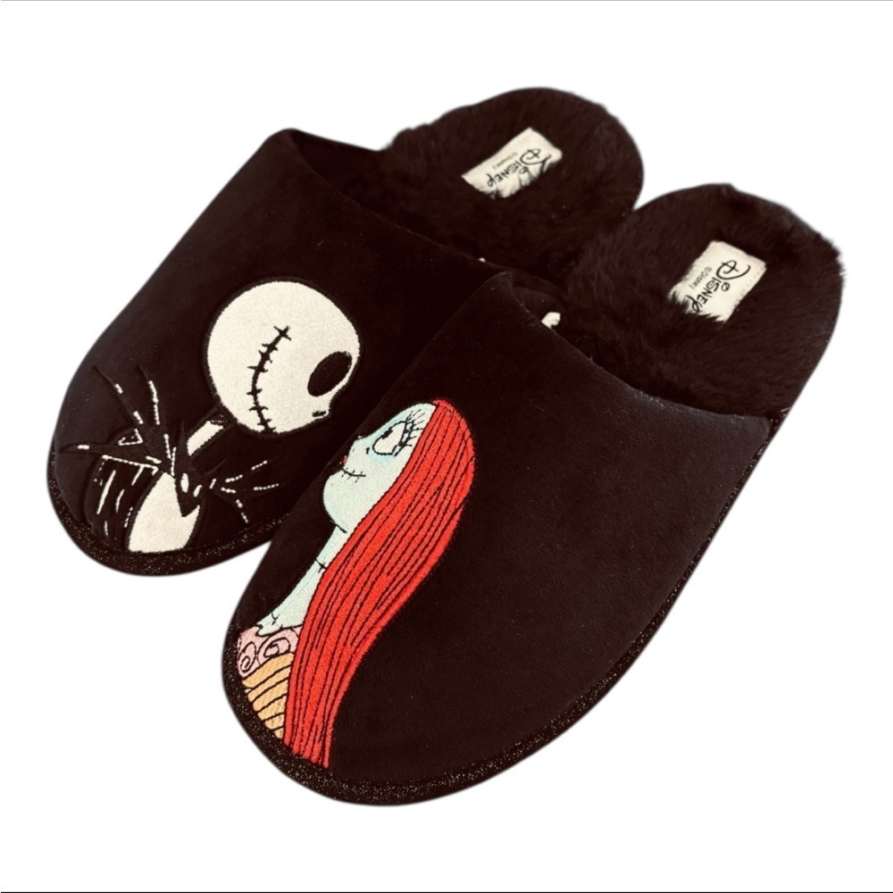 Disney Black and Red Nightmare Before Christmas Jack & Sally Fuzzy Slippers